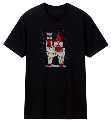 Santa Gnomes Riding Llama Reindeer Christmas Lights T Shirt